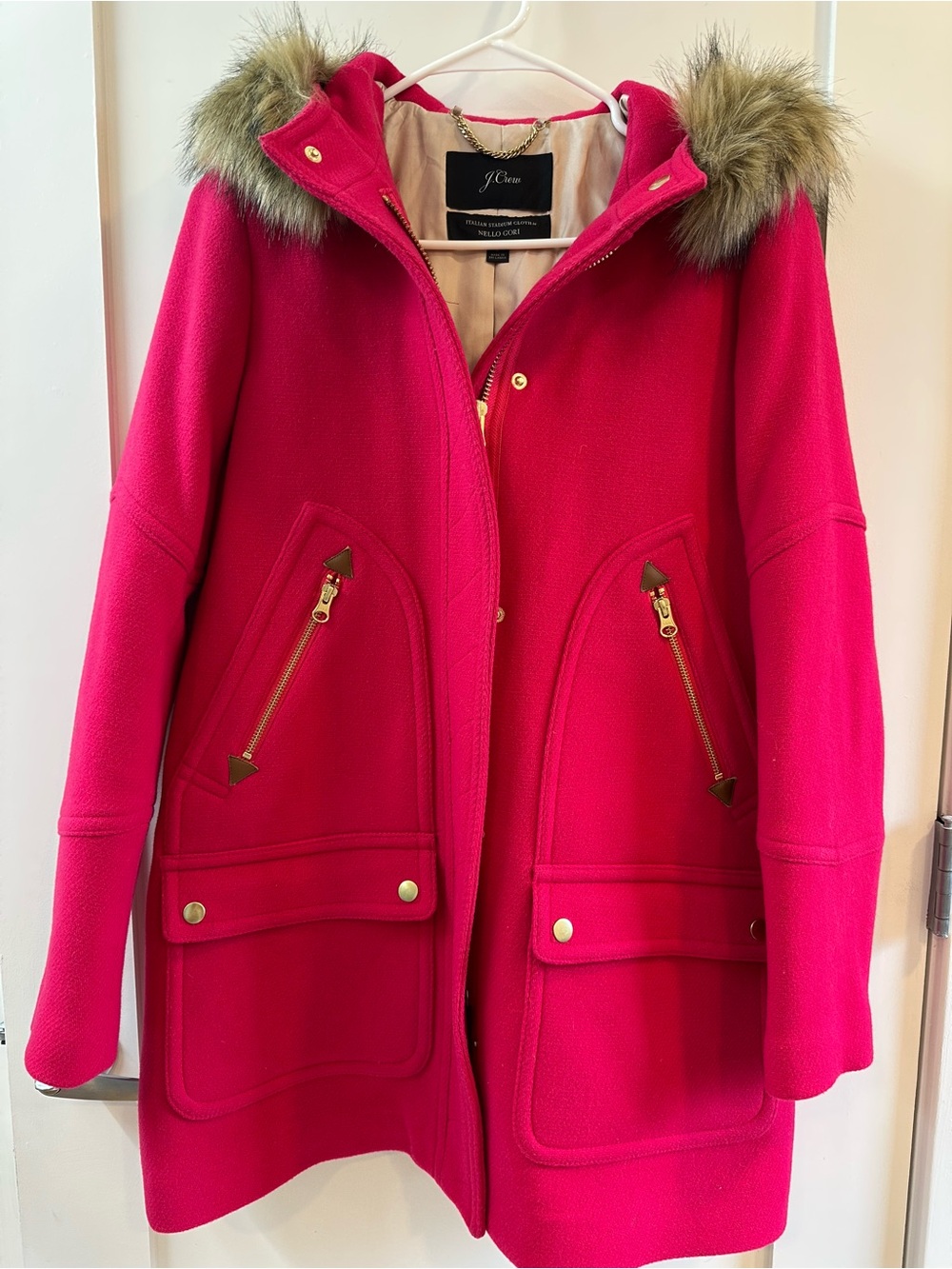 J. Crew Bright Pink Wool Hooded Pea Coat with Faux Fur Trim